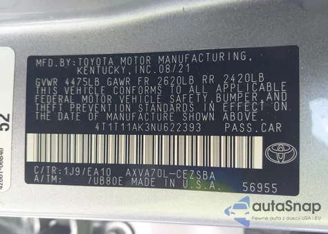 2022 Toyota Camry Se из США, поврежденный, VIN 4T1T11AK3NU622393